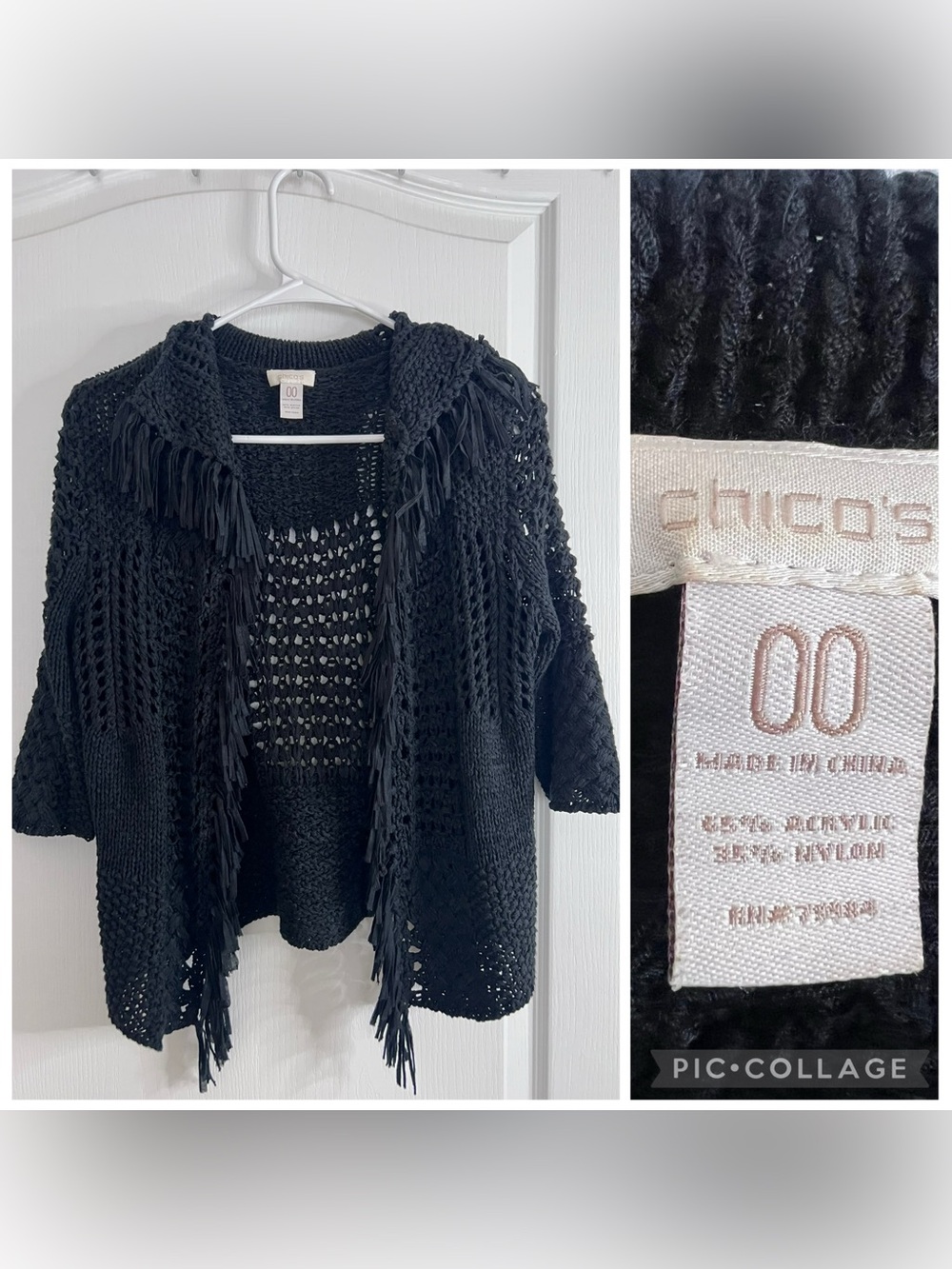 Chico's Black Open-Knit Hooded Cardigan with Fringe size 00